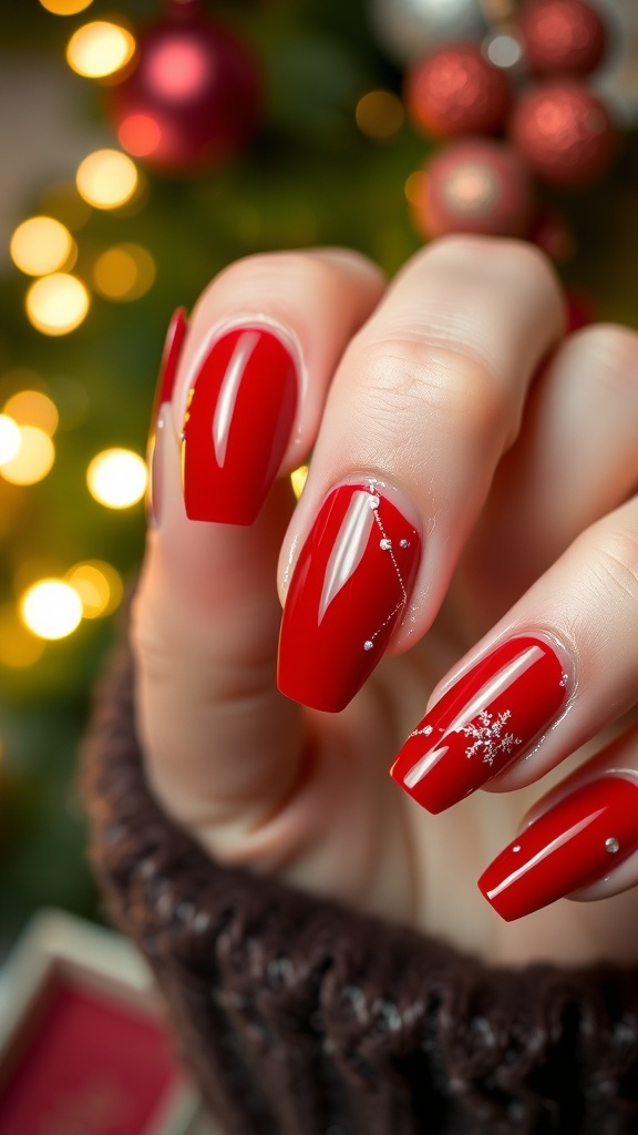 Close-up of red dip nails with glitter accents in a festive holiday setting.